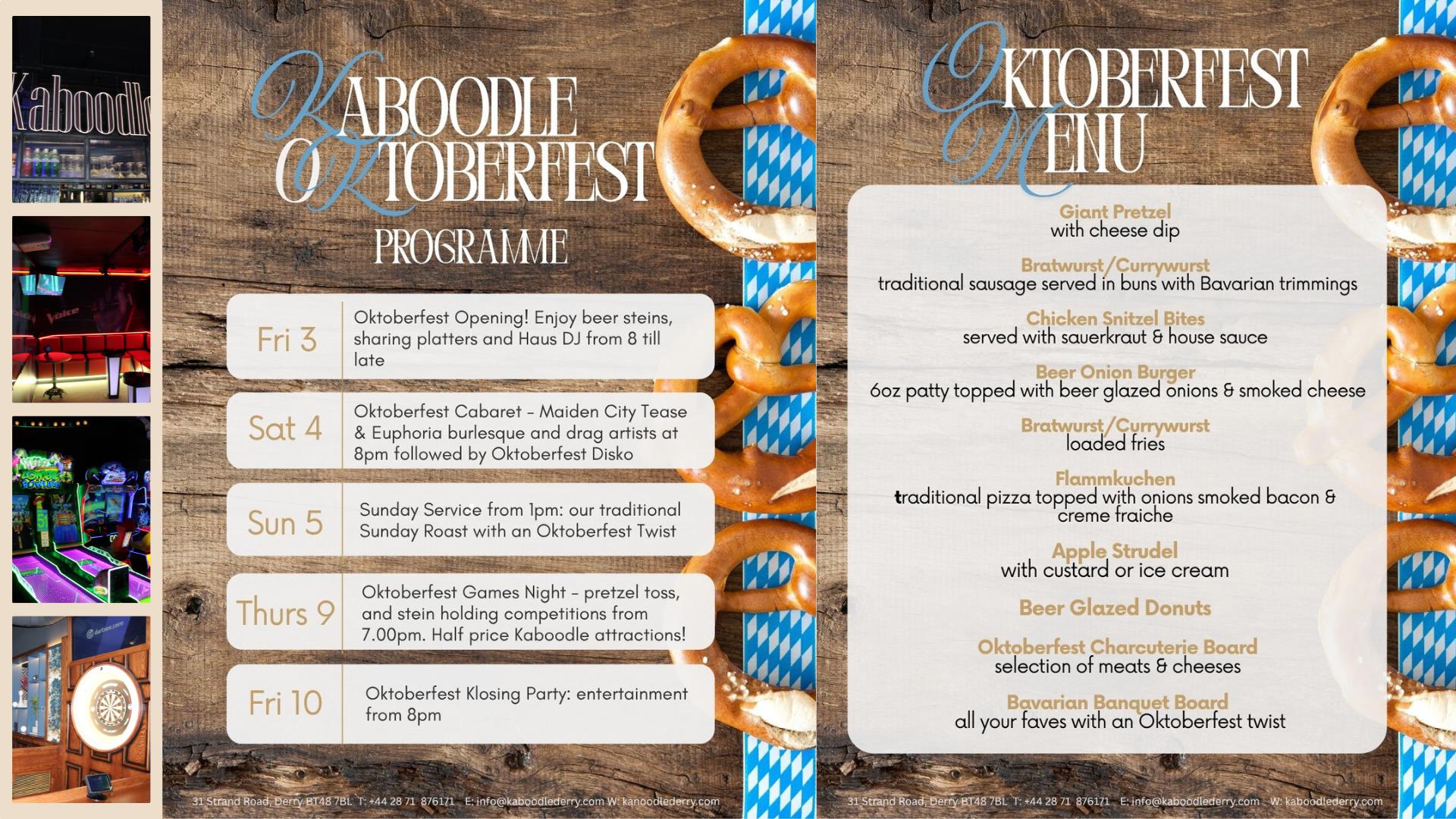 Menu & Programme for Kaboodle Oktoberfest along with some images of Kaboodle down the left hand side