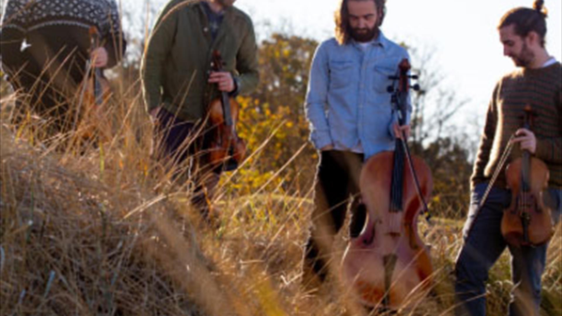 The band made up of 4 gentlemenstand on a hillside holding instruments