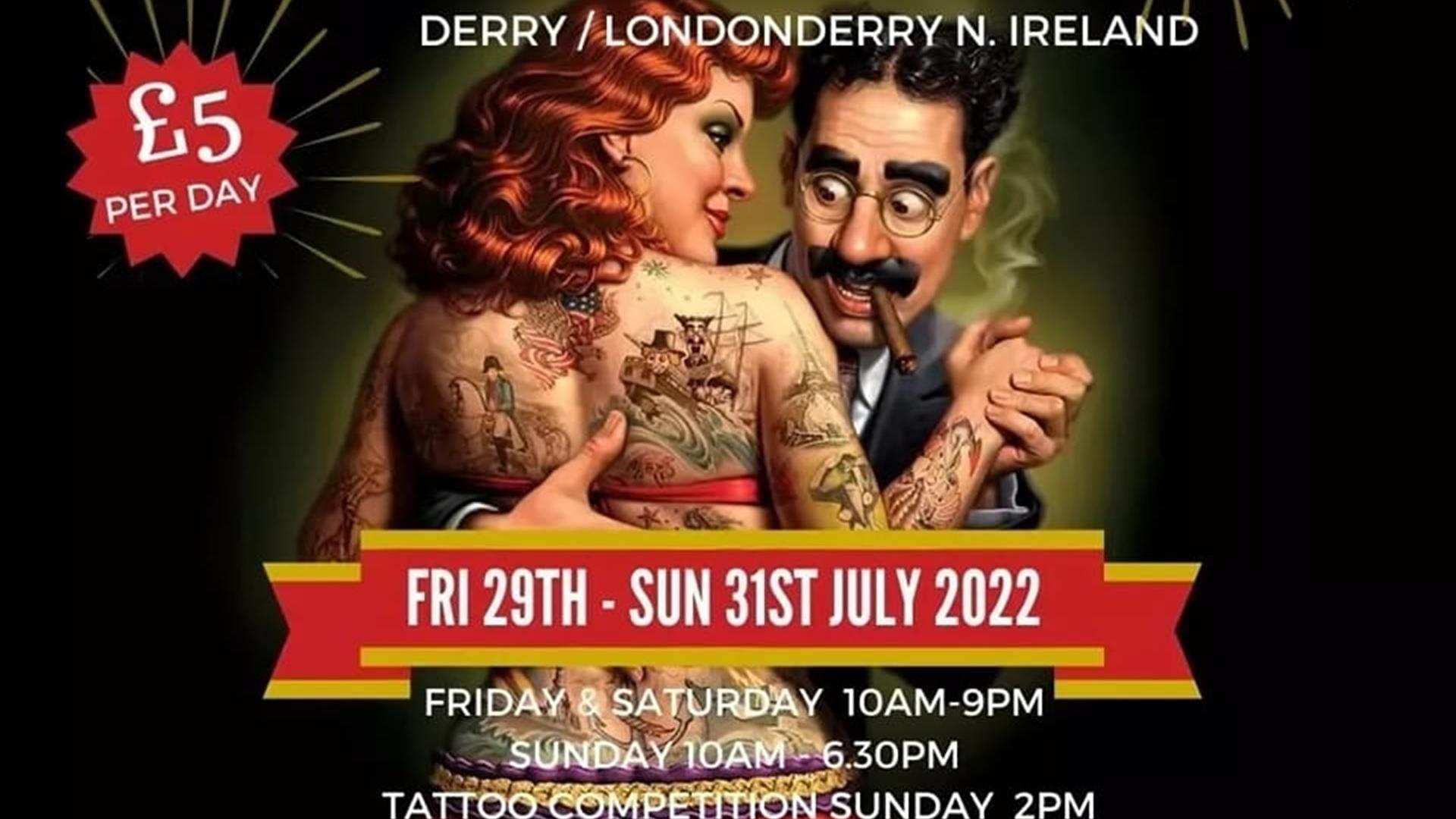 Poster for Maiden City Ink Tattoo Convention, 29th-31st July 2022 at Everglades Hotel, Prehen Road.