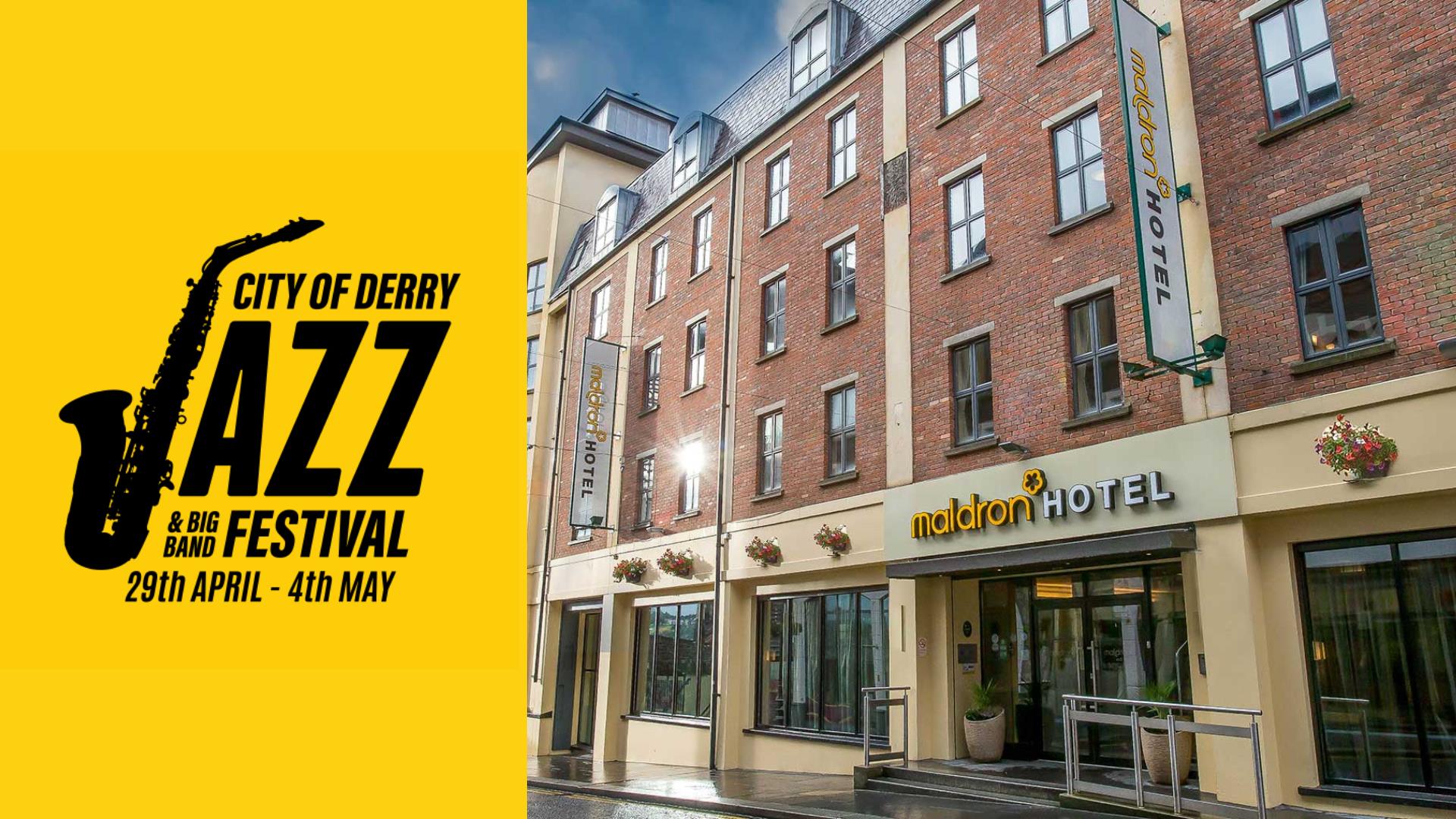 The Maldron Hotel exterior and Jazz Festival logo. Details of Jazz line up  in description.