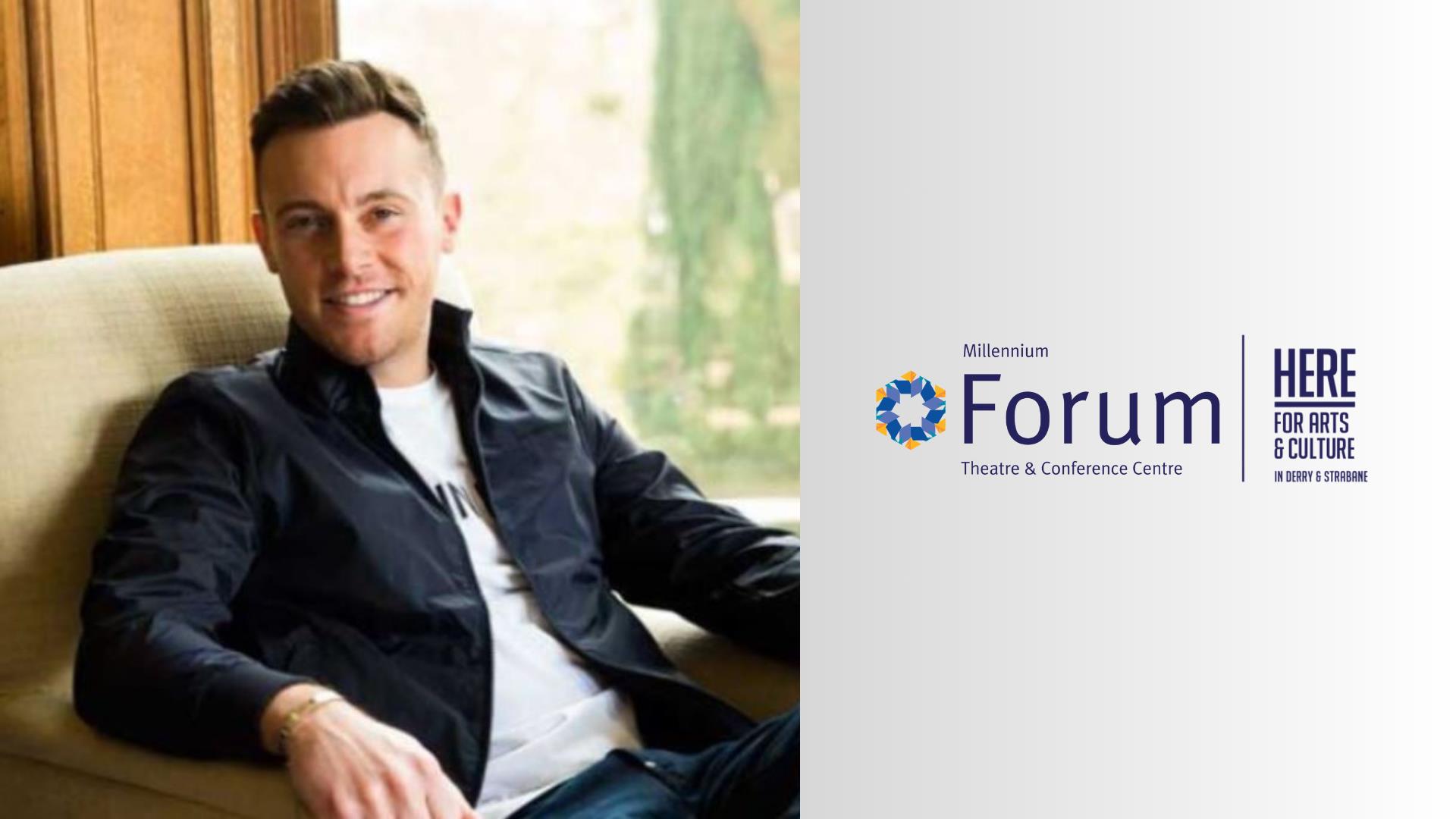 Nathan Carter sitting in a chair and the Millennium Forum logo.