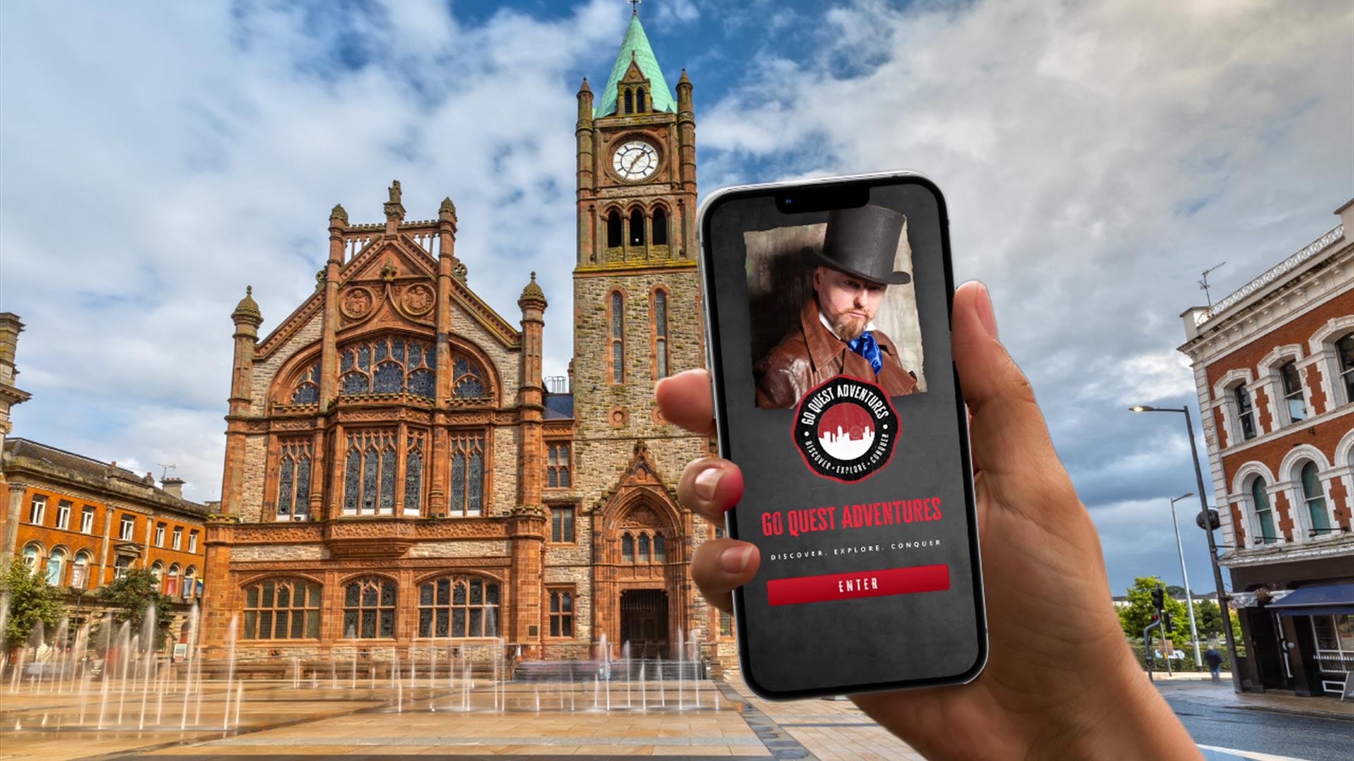 The Go Quest Adventures app on a phone with the Guildhall in the background.