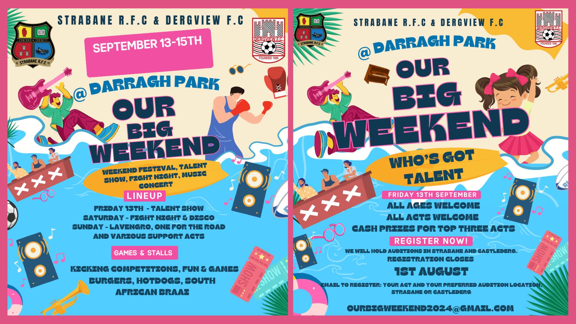 Promotional images for the Our Big Weekend and Talent Show events/