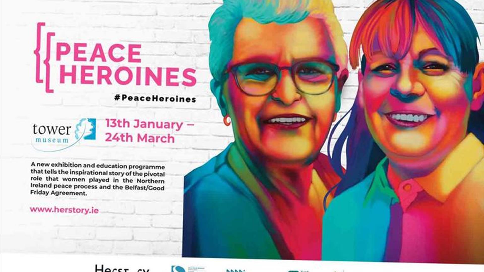 Shows a painting of two women along with the Peace Heroines brand.