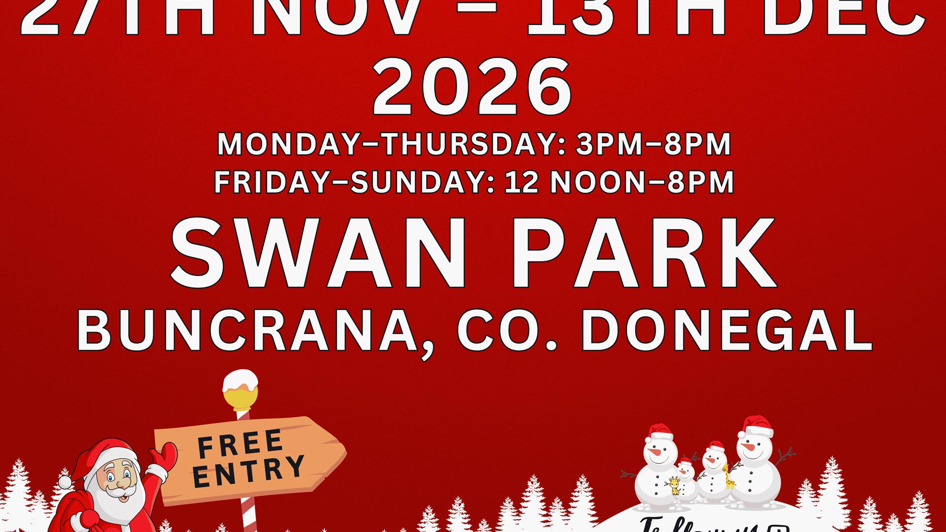 Festive timber cabins and Christmas lights at Buncrana Christmas Market in Swan Park.
