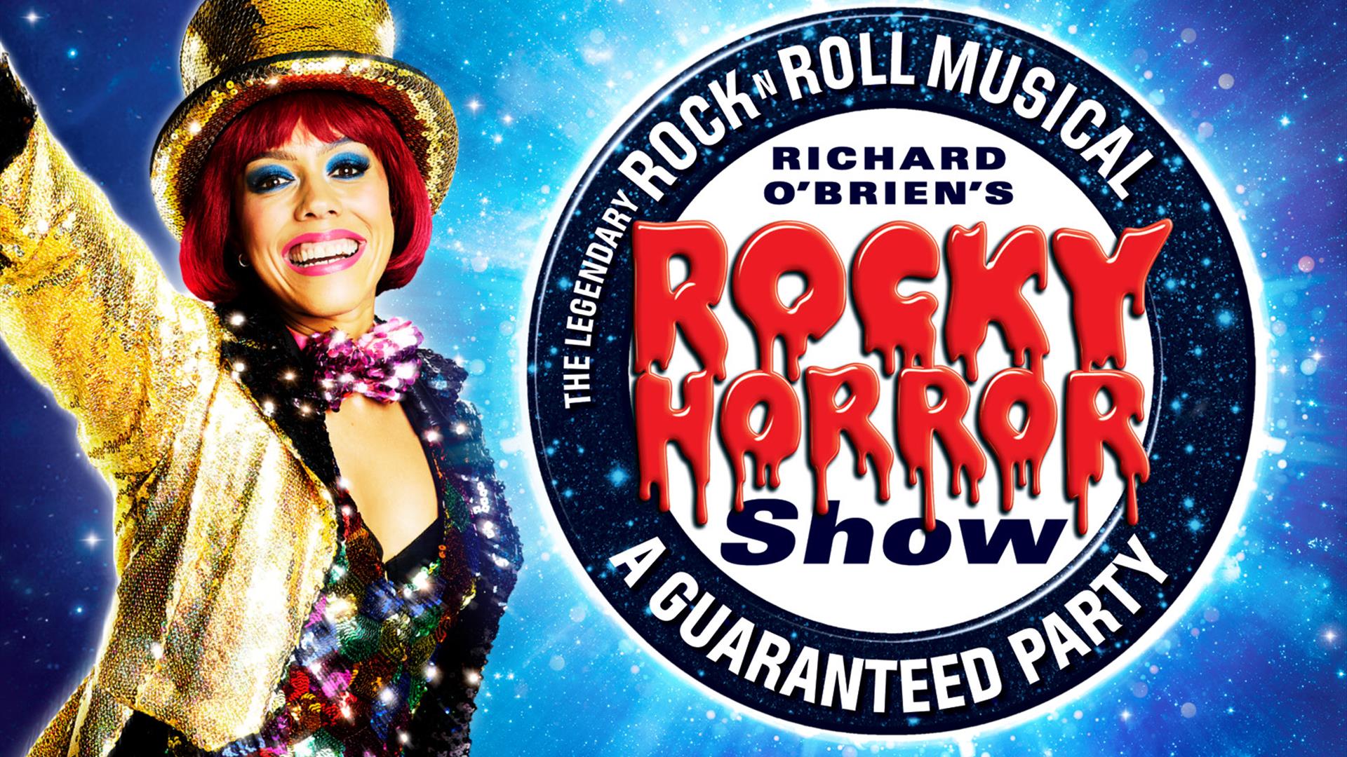 Promotional image for Richard O'Brien's Rocky Horror Show, featuring a vibrant performer wearing a gold sequinned top hat and jacket, smiling brightly