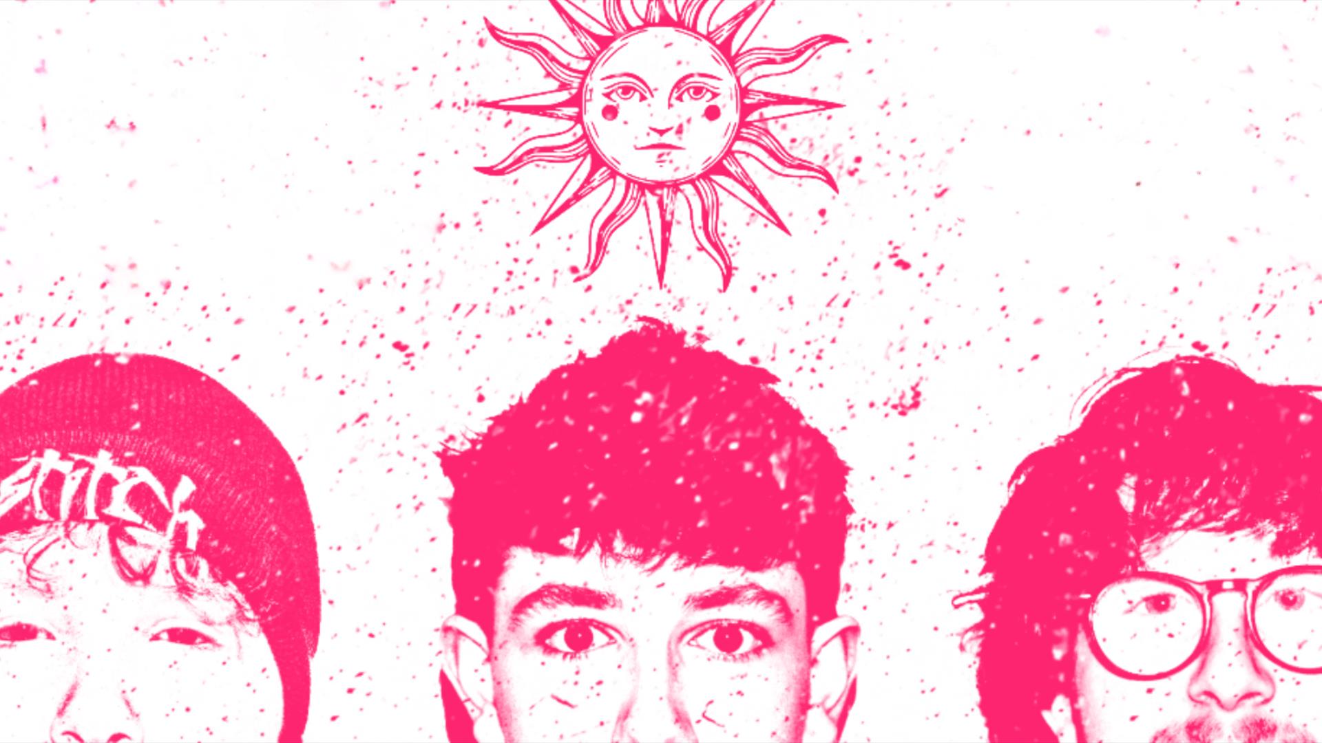A pink and white image of the members of Seventh Heaven with a sun above their heads.