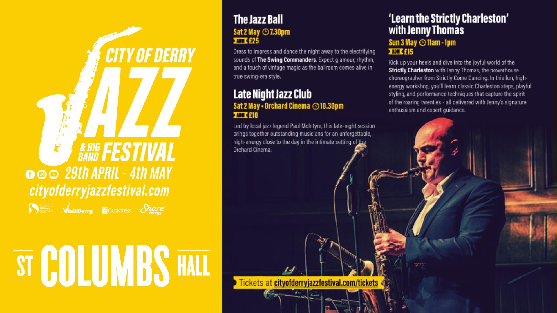 The Jazz Festival and St Columb's Hall logos beside listings for the events and images of the performers.