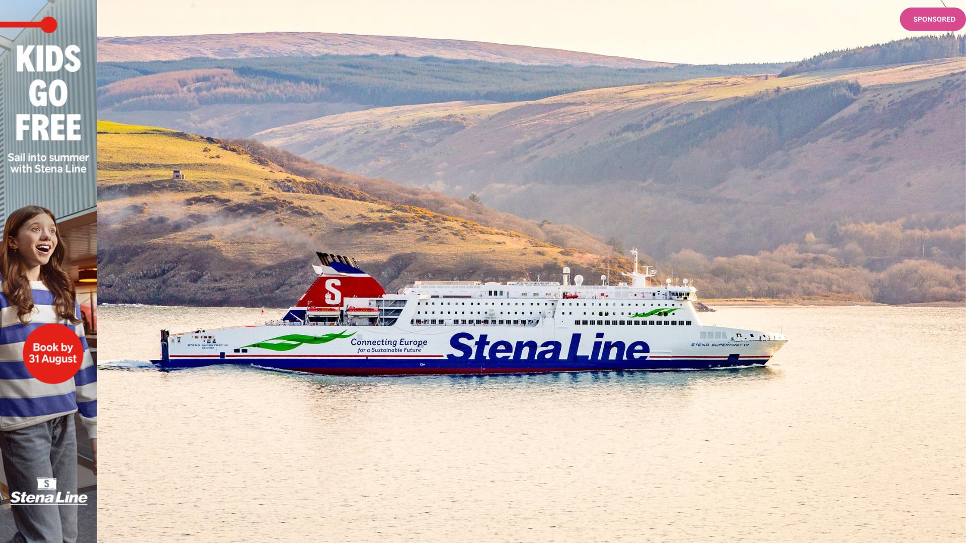 A Stena Line ferry with the 'Kids Go Free' offer.