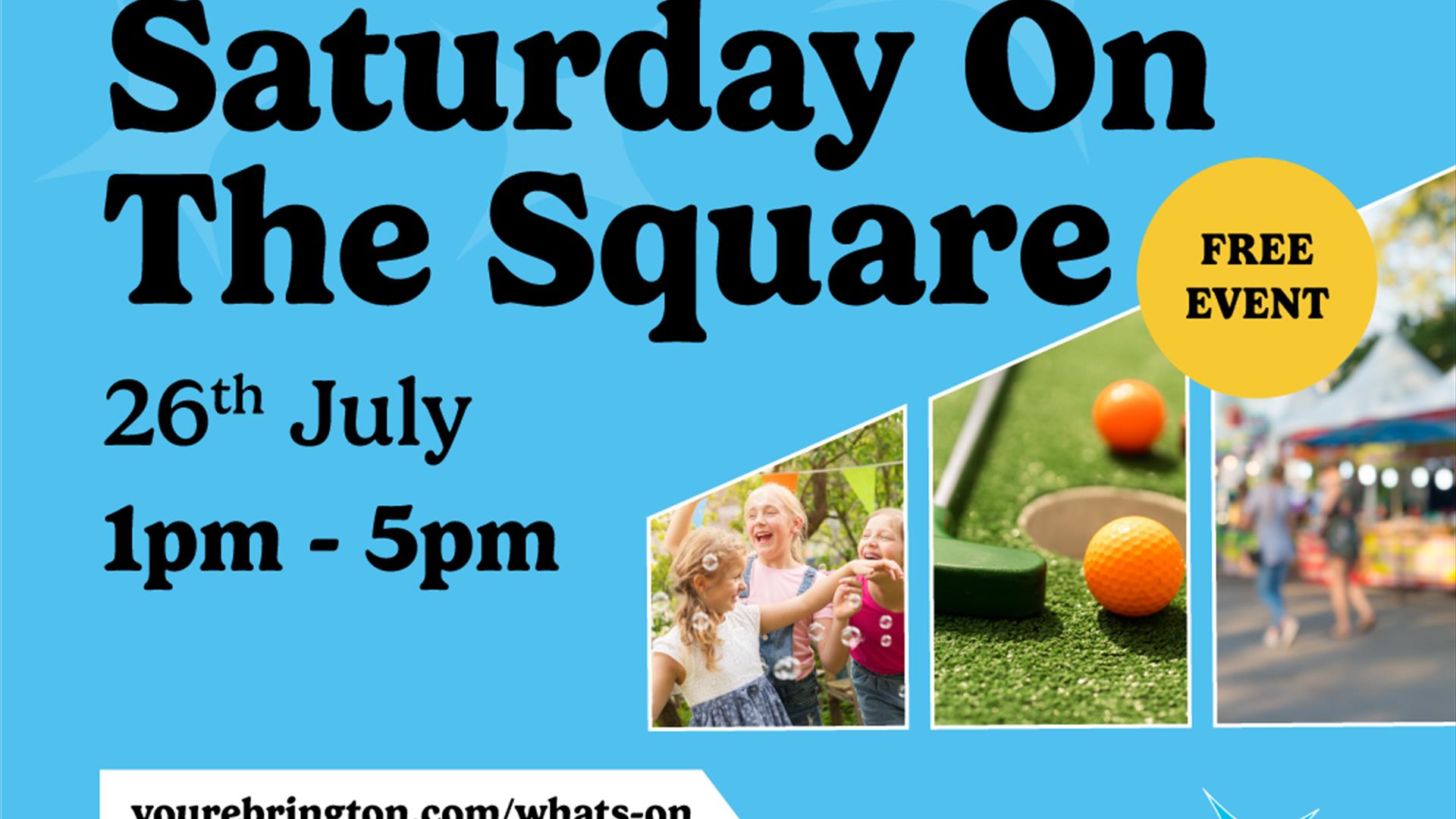 Bright blue event poster for “Saturday On The Square” at Ebrington. Text reads: “WHAT’S HAPPENIN’ EBRINGTON? Saturday On The Square 26th July 1pm – 5p