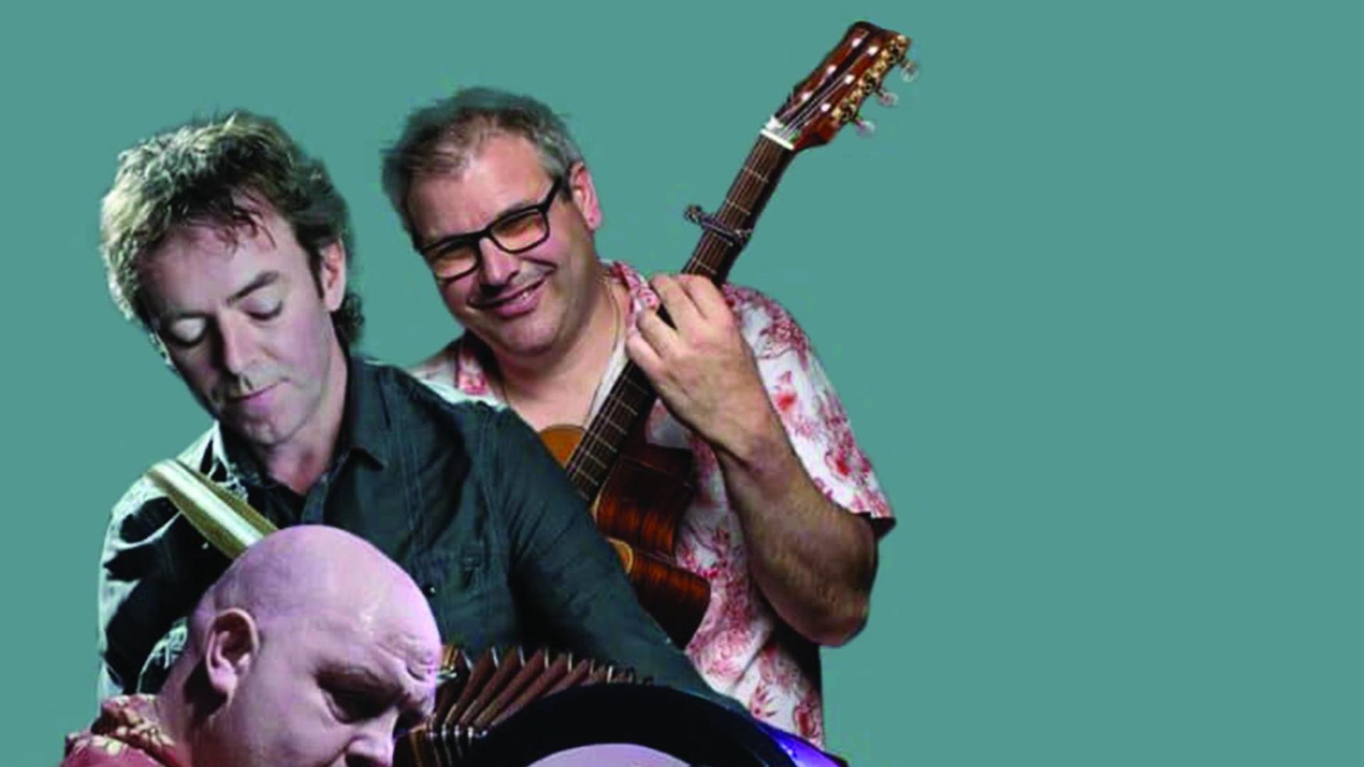 Collage of three band members playing instruments
