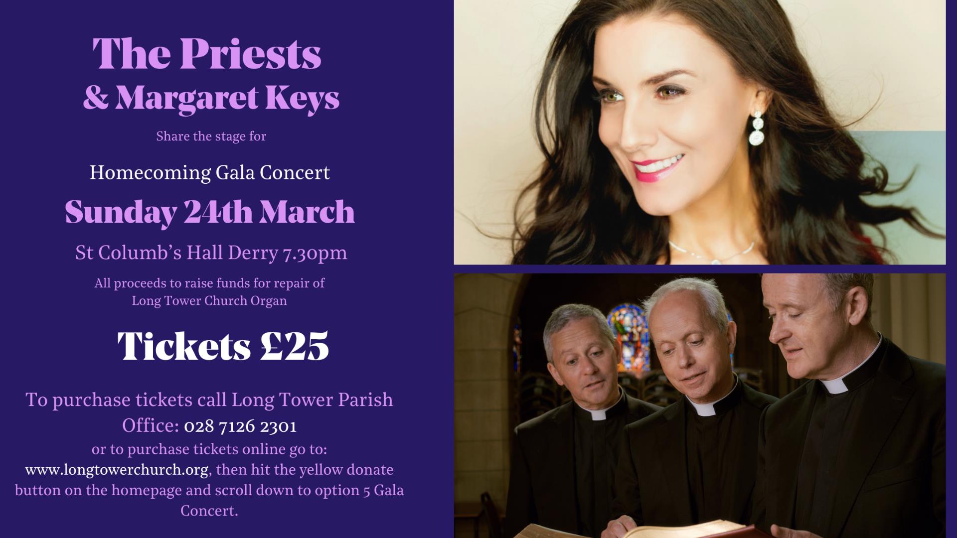 Image repeating the details for the Homecoming Gala Concert, with Margaret Keys and The Priests pictured on a purple background.