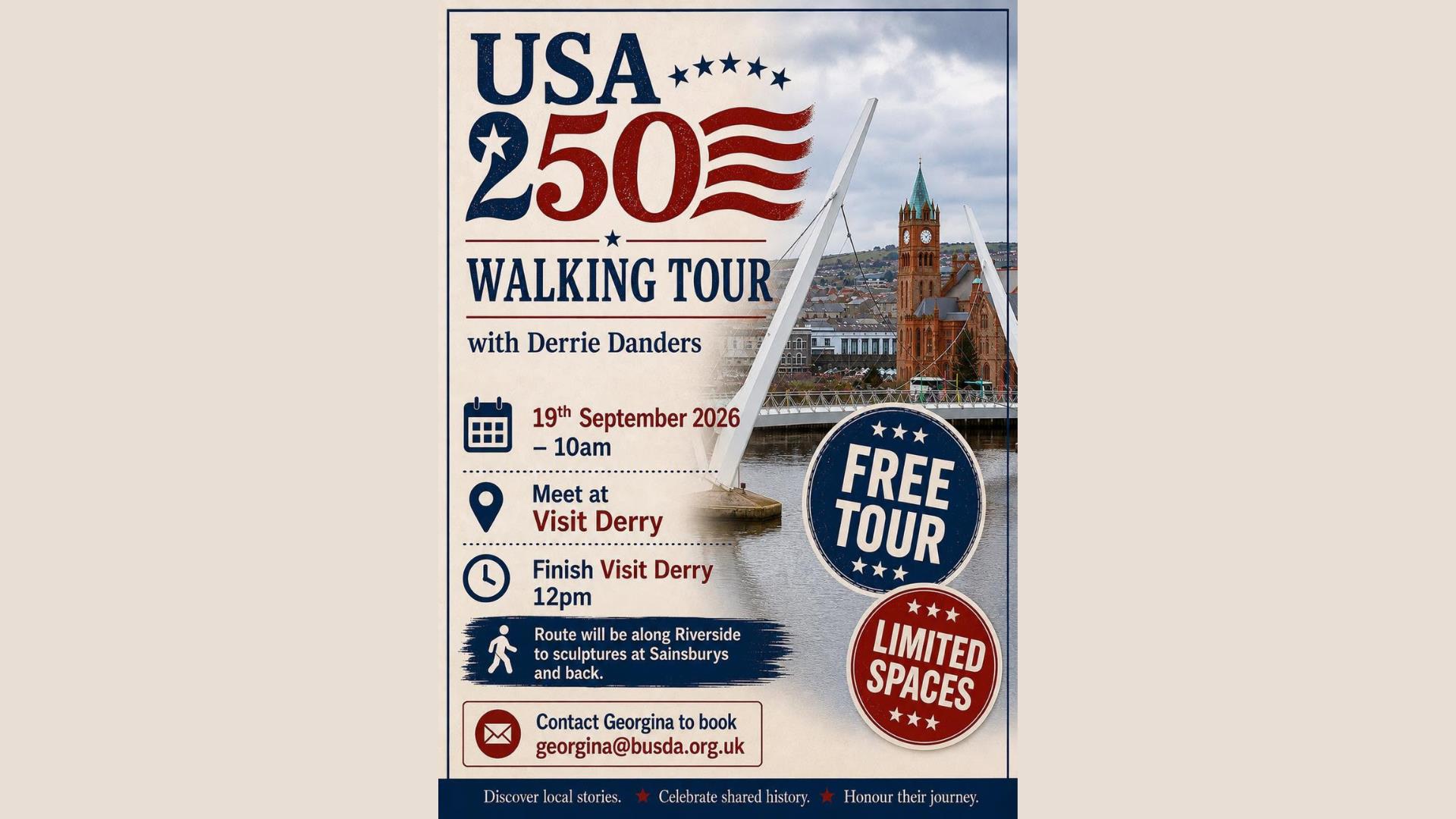 Poster promoting the USA250 Walking Tour taking place in Derry~Londonderry on 19th September 2026