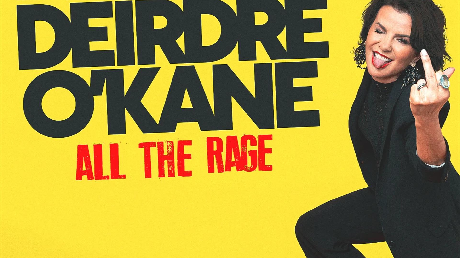 Promotional artwork for comedian Deirdre O'Kane's show All the Rage. Against a bright yellow background, Deirdre O'Kane poses playfully in a black out