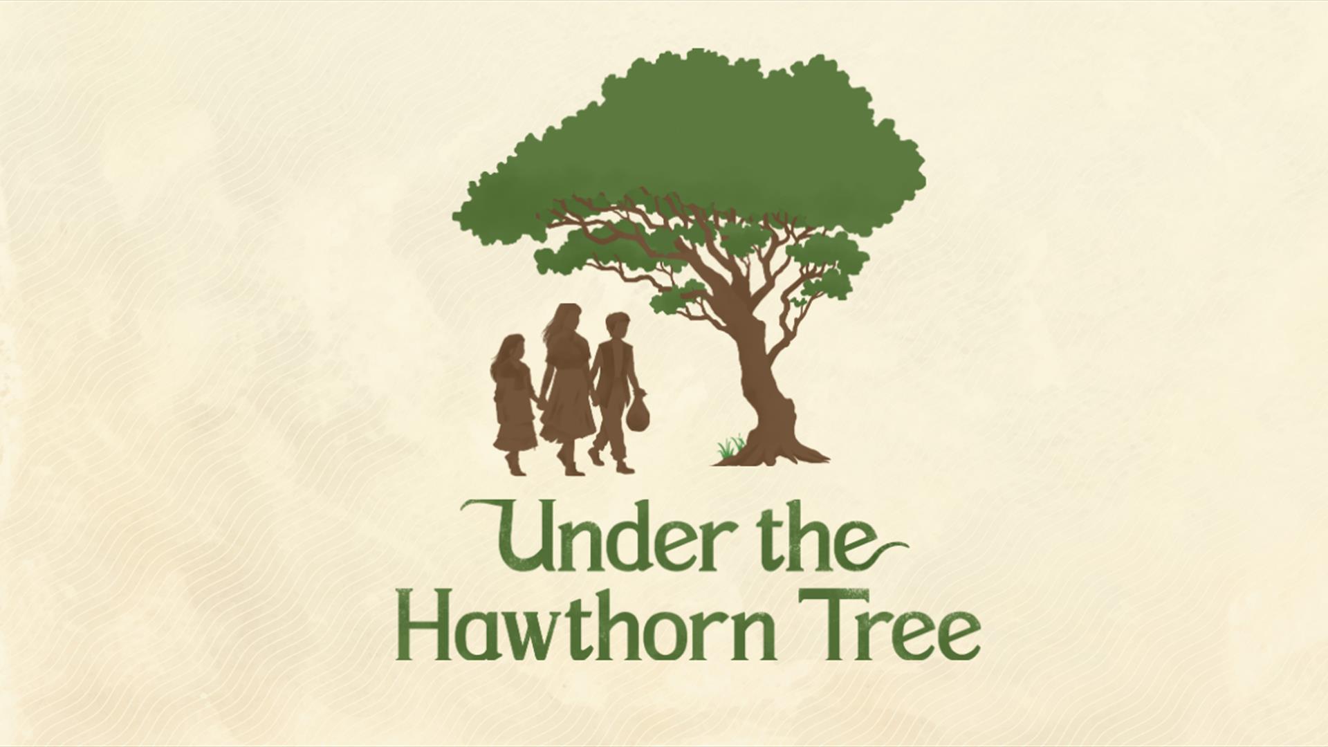 Under the Hawthorn Tree text with graphic image of a tree and three children
