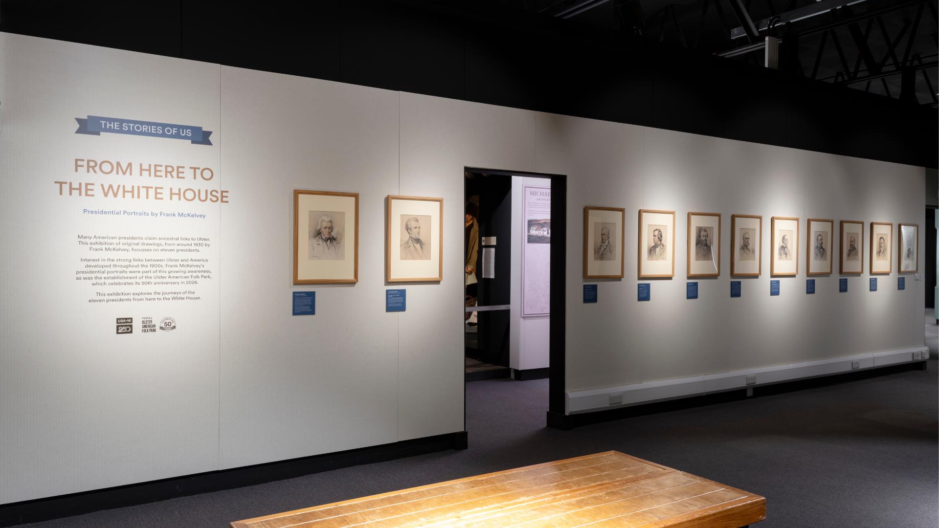 Presidental display at Ulster American Folk Park showing 11 portraits on the wall at the museum