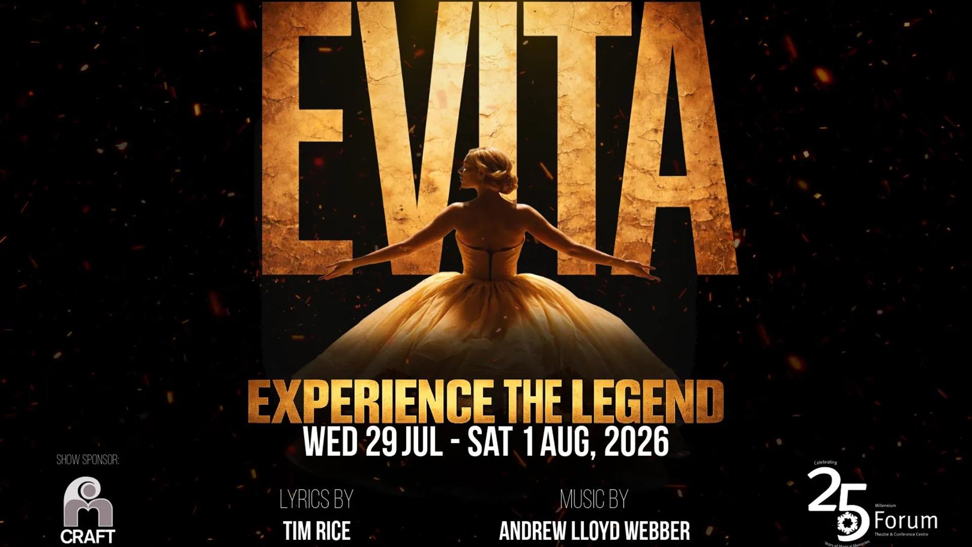 A dramatic theater poster for the musical "Evita." A woman in a flowing golden ball gown stands with her back to the viewer, arms outstretched, center