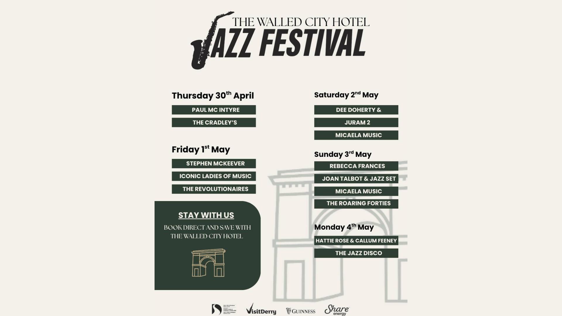Poster promoting the live music taking place within the Walled City Hotel during the Derry Jazz Festival 2026