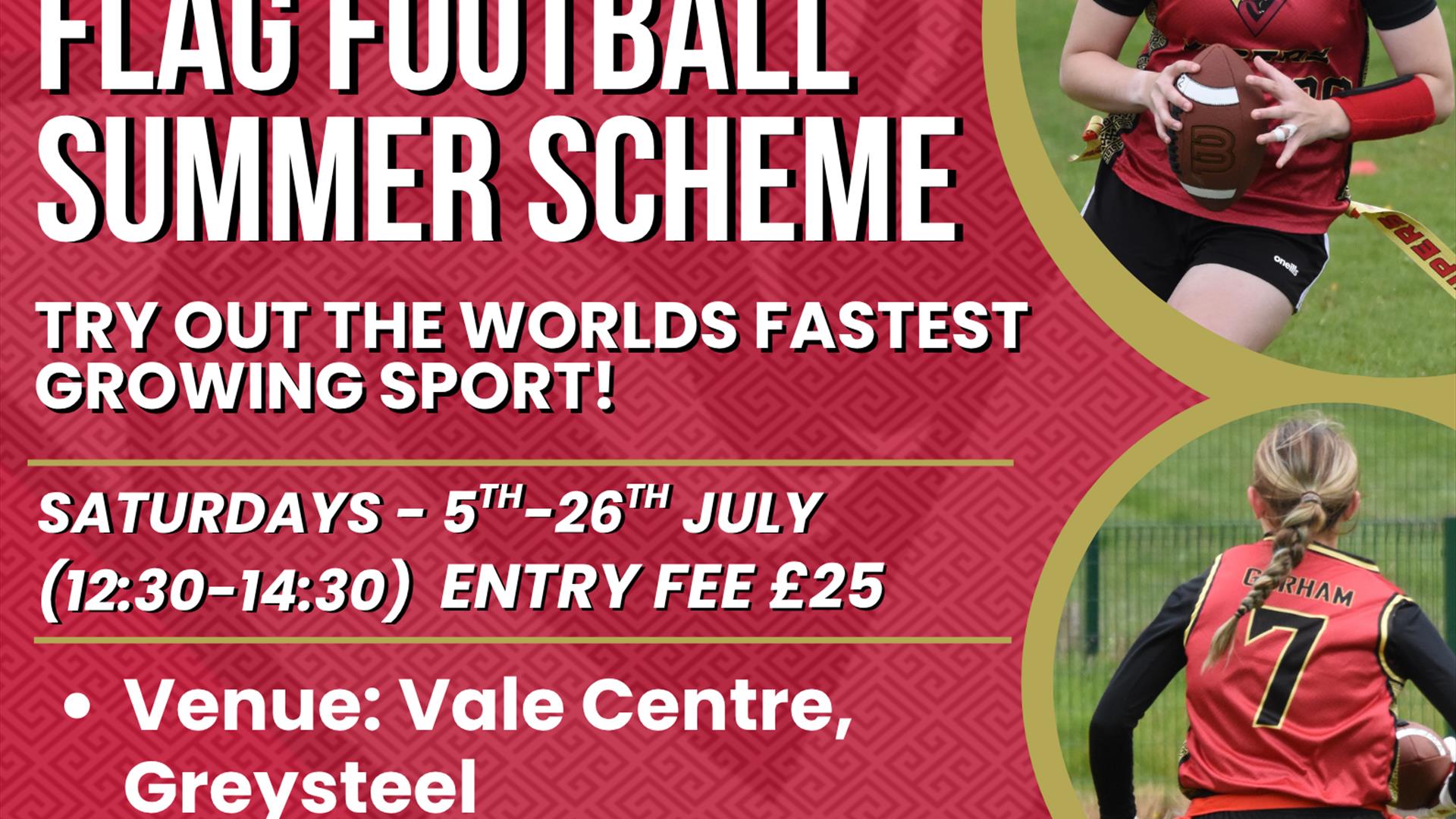 Promotional poster for the Northwest Vipers Youth Flag Football Summer Scheme. Features the Northwest Vipers American Football Club logo at the top. M