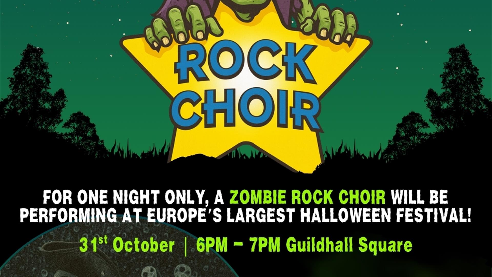 zombie holding rock choir logo