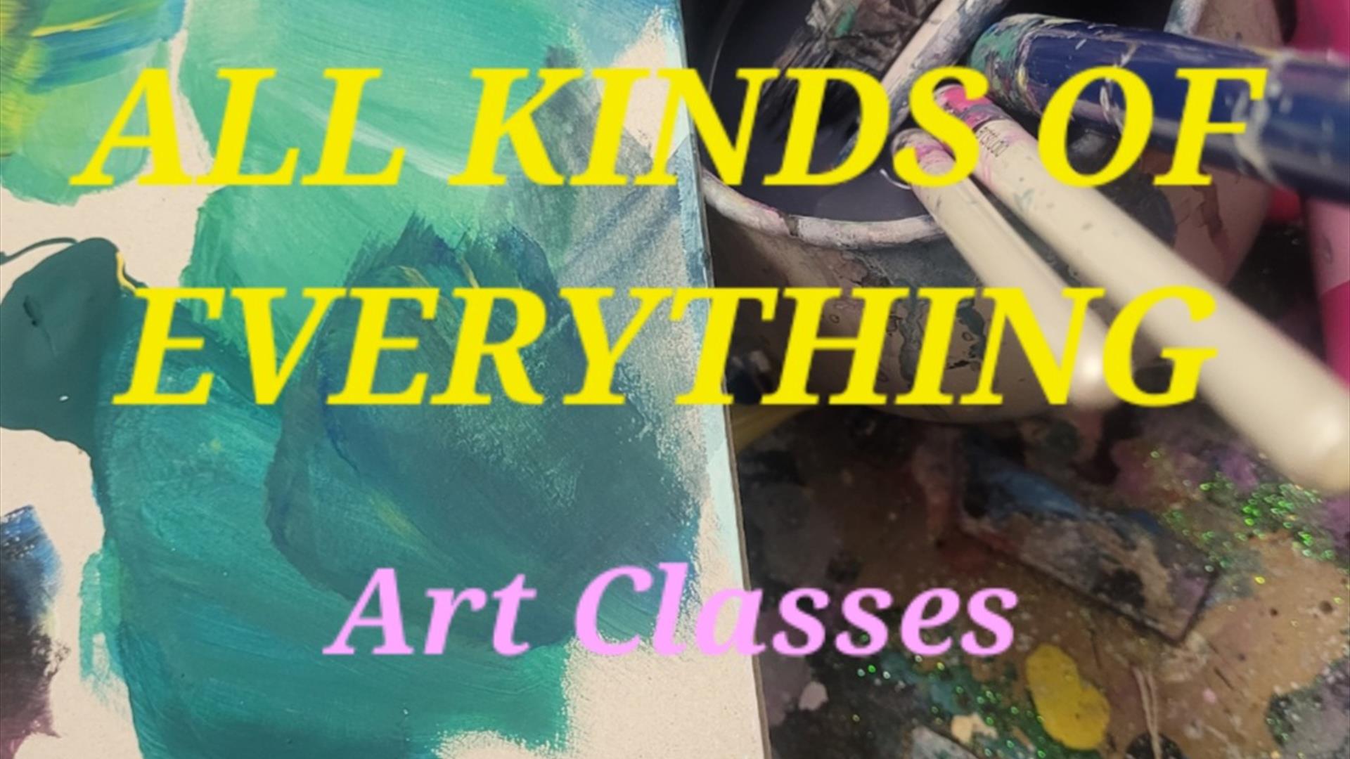 Paintbrushes, spray can, art materials from above