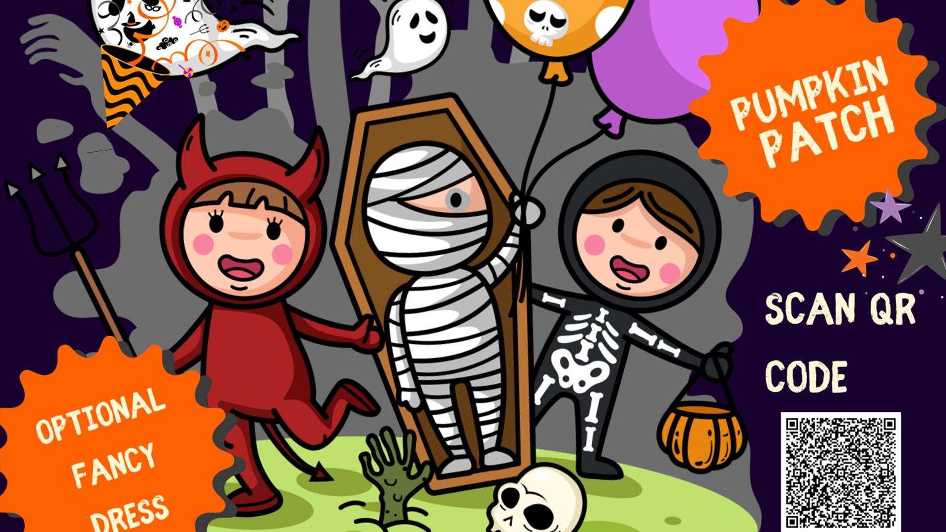 **Alt text:**  Colorful Halloween-themed poster for St. Columba's Autumn Fest. Features cartoon children in Halloween costumes (devil, mummy, skeleton