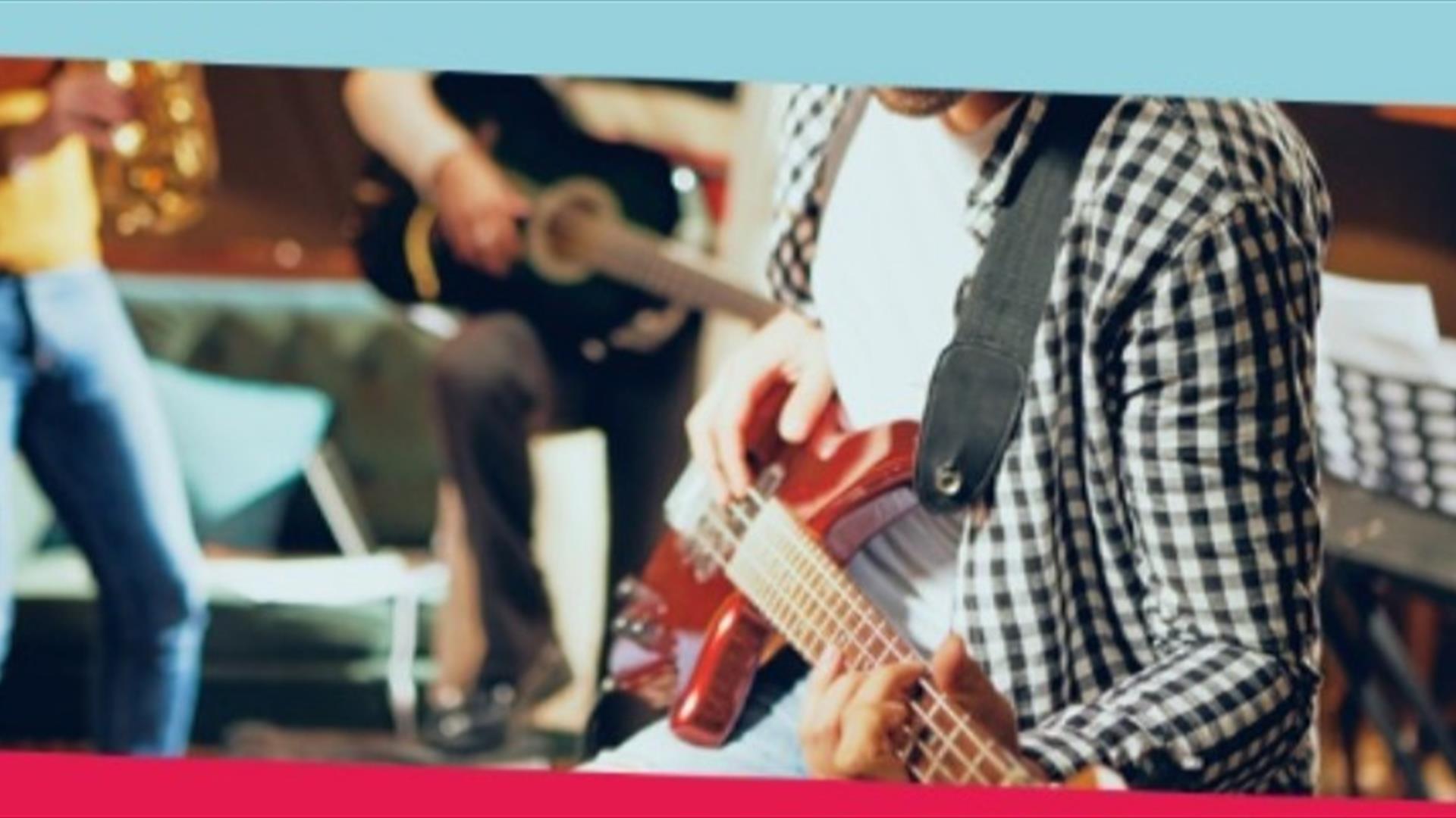 musicians  with electric guitar, acoustic, saxophone