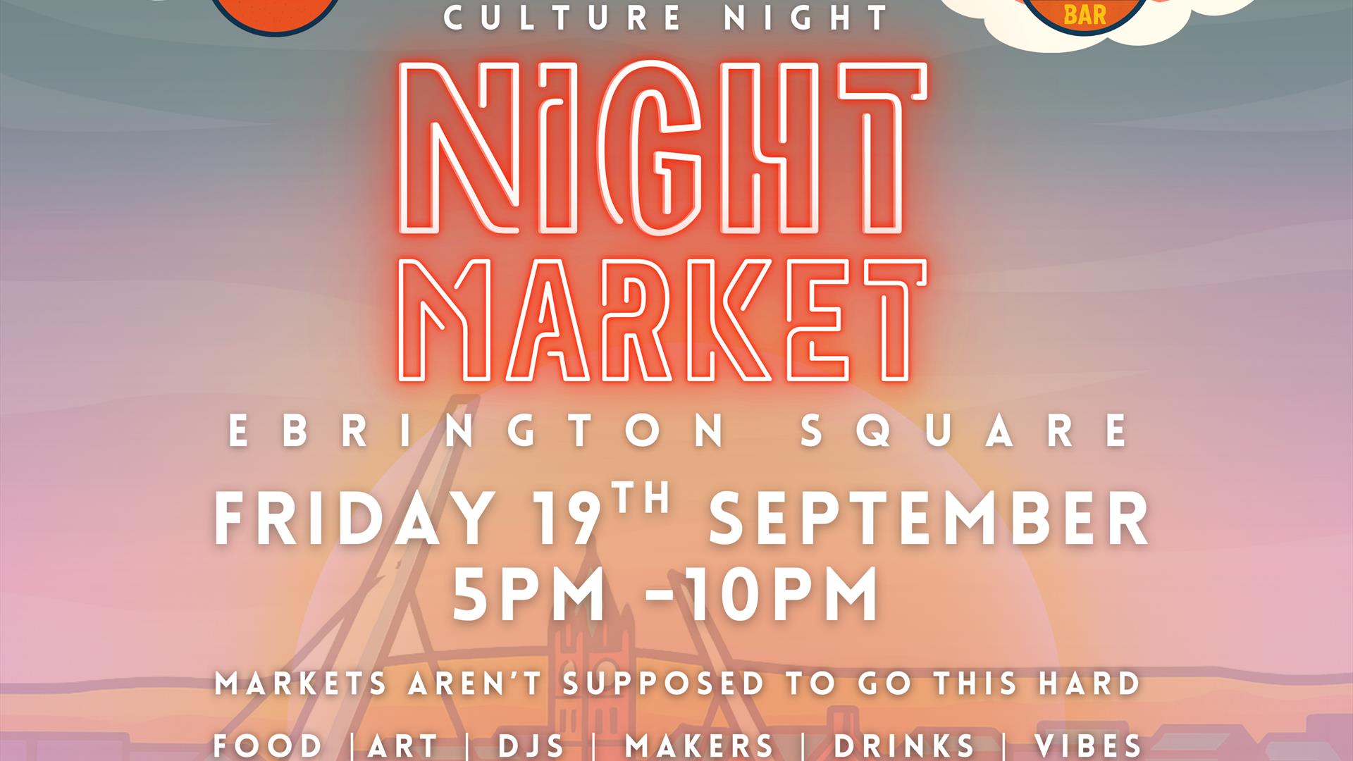 graphic with bridge in background and night market text overlaid