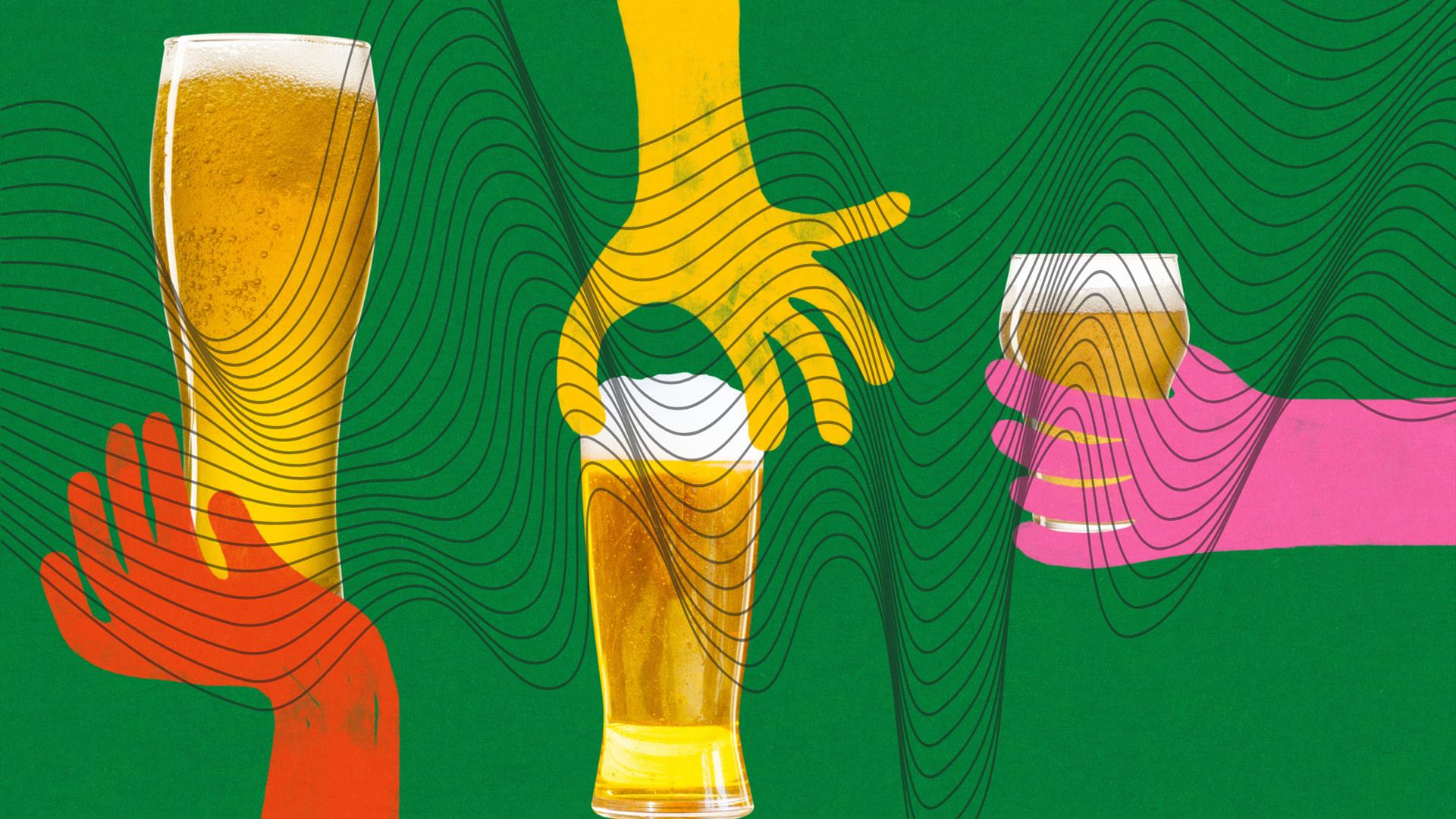 Three cartoon hands in red, yellow and pink hold glasses of lager beer. There is a green background and an overlay of  lines representing sound waves.