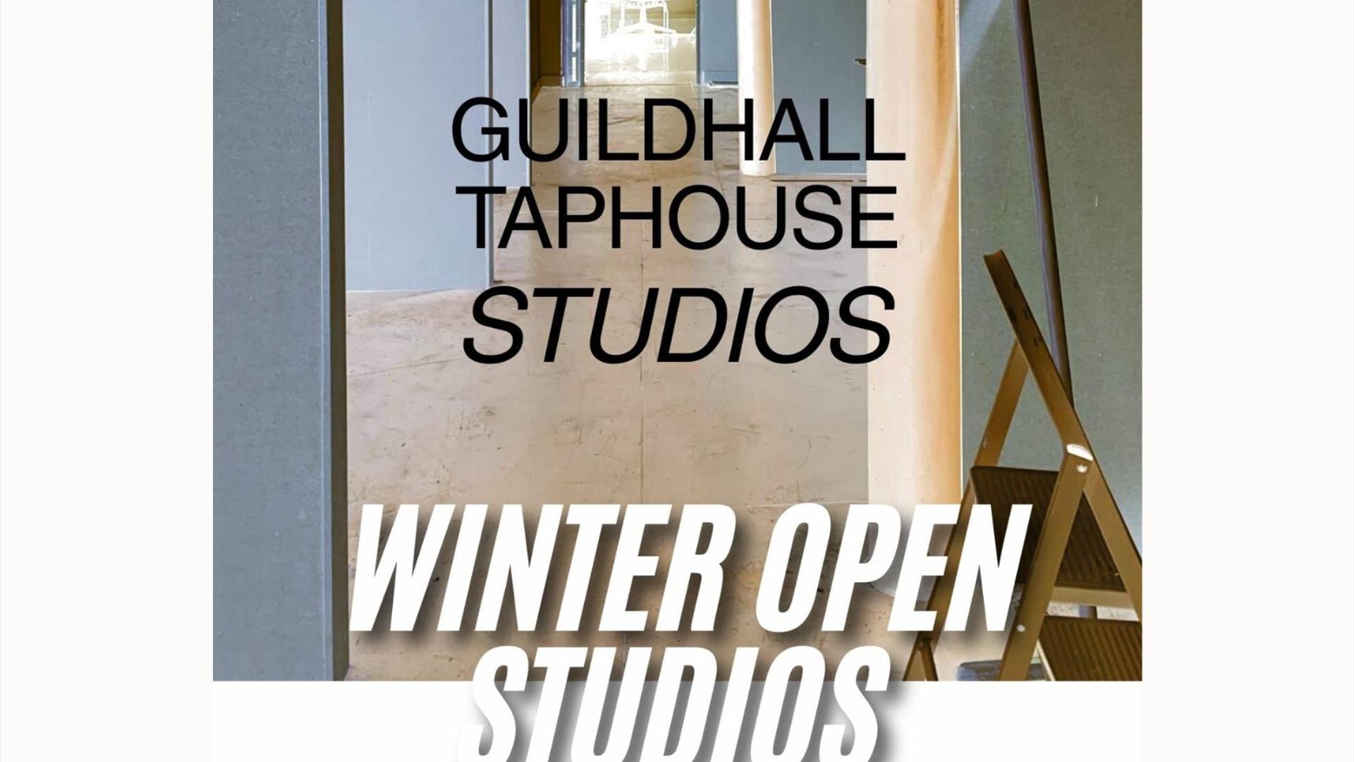 View of a sunlit studio corridor with text overlaid. Text reads Guildhall Taphouse Studios Winter Open Studios.