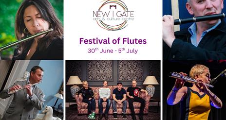 The logo for New Gate Arts & Cultural Centre with images of performers at the Festival of Flutes