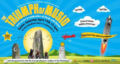Colourful and whimsical promotional banner for the Triumph of Music event.