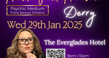 Event poster for "Hello from Heaven" with psychic medium Fiona Stewart Williams at The Everglades Hotel, Derry, on January 29, 2025. Tickets are £20.