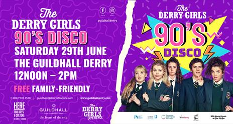Derry Girls cast in a purple backdrop for a 0's disco
