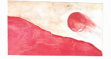 Gouache and pinky-redcoloured pencil on paper which looks like a moon shooting over a descending mountainscape