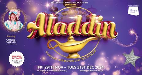 The promotional image for the Aladdin show, with an image of a lamp.