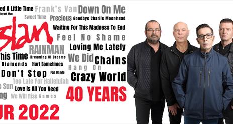 The band of five, Aslan, standing in front of a white background with text in red to the left stating '40 Years Tour 2022' surrounded by the names of