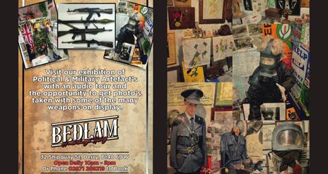 Promotional brochure for Bedlan's exhibition with an image of some of the artifacts on display.