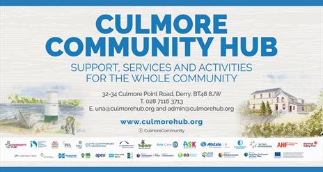 Culmore Community Hub banner, showing their address and website.