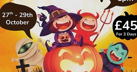 Messy-ween Art Camp poster promoting a 3-day Halloween art camp for children ages 5–11 in Derry. Features Halloween graphics like pumpkins, bats, and