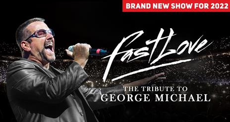 George Michael Tribute standing in front of a large, darkly lit stadium, wearing a leather jacket and sunglasses, singing passionately. The words 'Fas