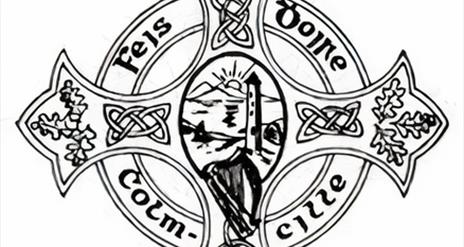 An image of a Celtic cross with Celtic designs around  its edges with the words Feis Dhoire Cholmcille also around the edges. The centre piece has an