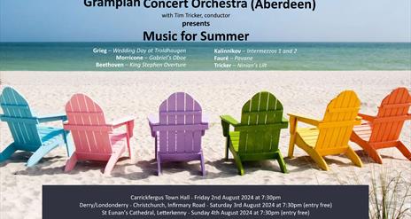 Image of coloured chairs on a beach, overlaid with details about the upcoming Grampian Concert Orchestra performances
