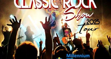Promotional poster for 'Rock Rising: The Supreme Classic Rock Show 2025 Tour,' featuring a vibrant rock concert scene with raised hands and bright sta