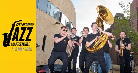 Band playing al fresco on the steps beside Millennium Forum and Richmond Centre
