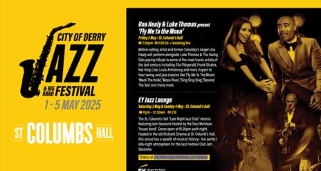 The Jazz Festival and St Columb's Hall logos beside listings for the events and images of the performers.