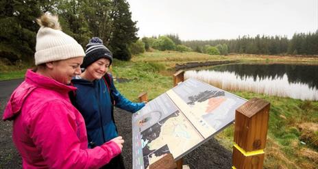 Visitors read information at the Killeter Forest Trails.