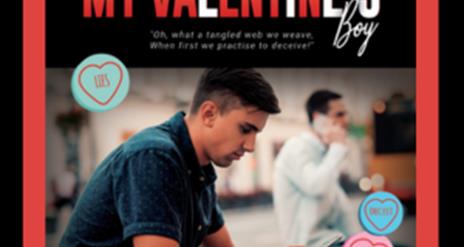 Image of young man sitting contemplating with the text My Valentine's Boy above