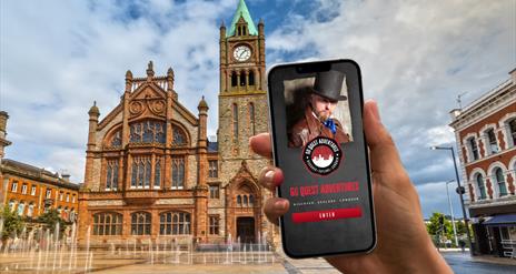 The Go Quest Adventures app on a phone with the Guildhall in the background.