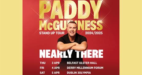 Promotional image of Paddy McGuinness with text showing the dates and locations of his tour.